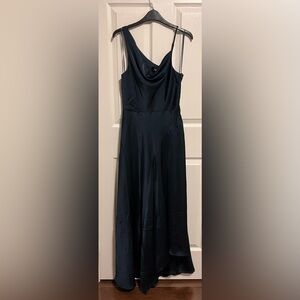 Aakaa Asymmetrical Deep Teal Blue Satin Midi to Maxi Dress